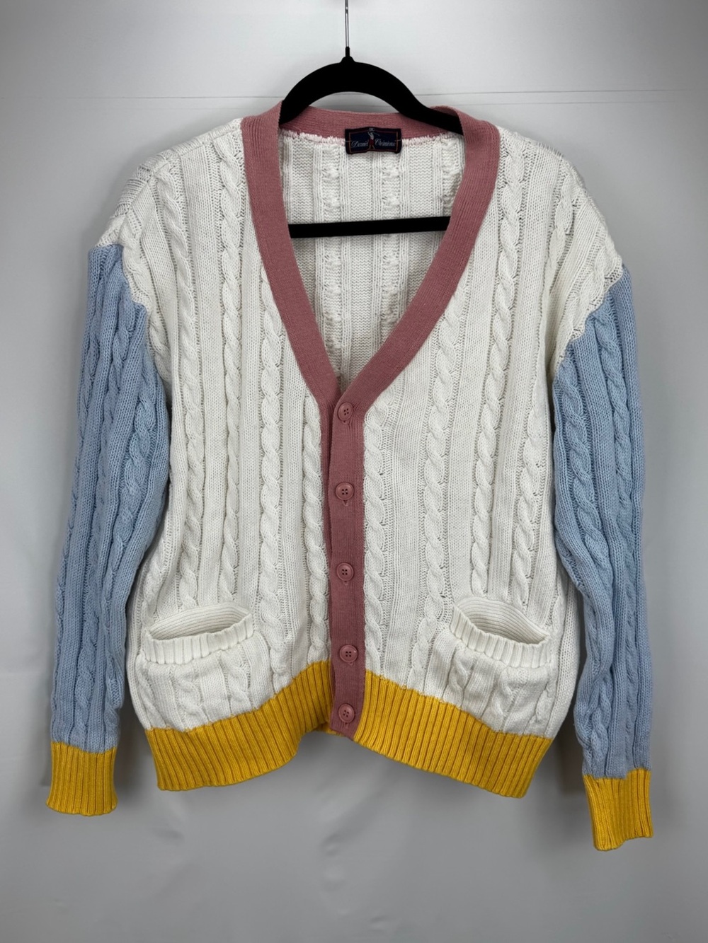 Daniel Cremieux Cable Knit Varsity Cardigan with Blue Sleeves and Pink Trim